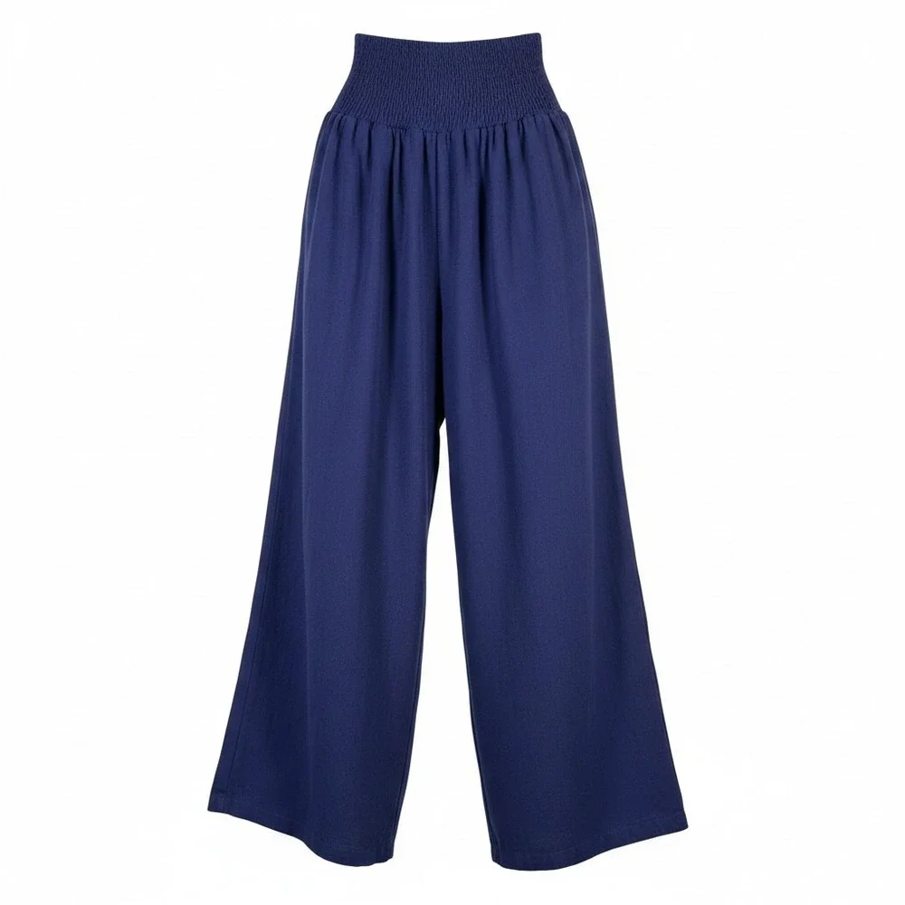 UEU Navy Womens Linen Blend Blue Smocked Waist Wide Leg Pants Boho Flowy Medium